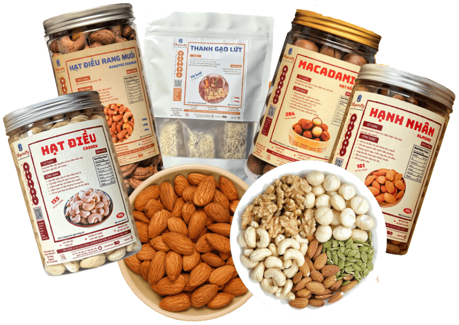 Các sản phẩm Meganuty: hạt điều, hạnh nhân, macca, thanh gạo lứt và mix hạt
